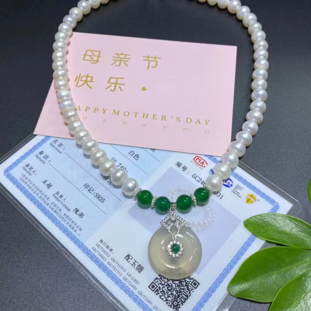 7-8mm Natural Pearl Necklace With Agate Pendant