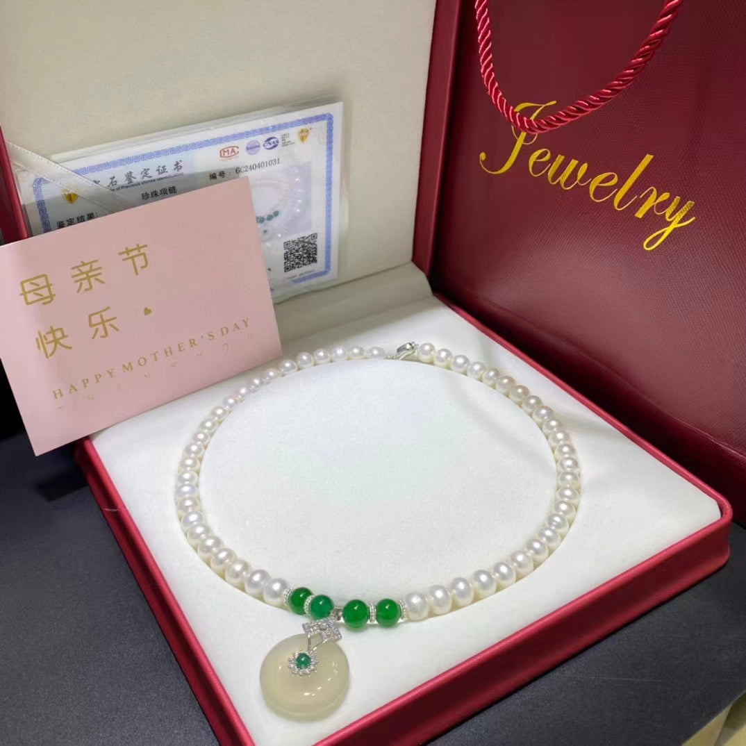 7-8mm Natural Pearl Necklace With Agate Pendant