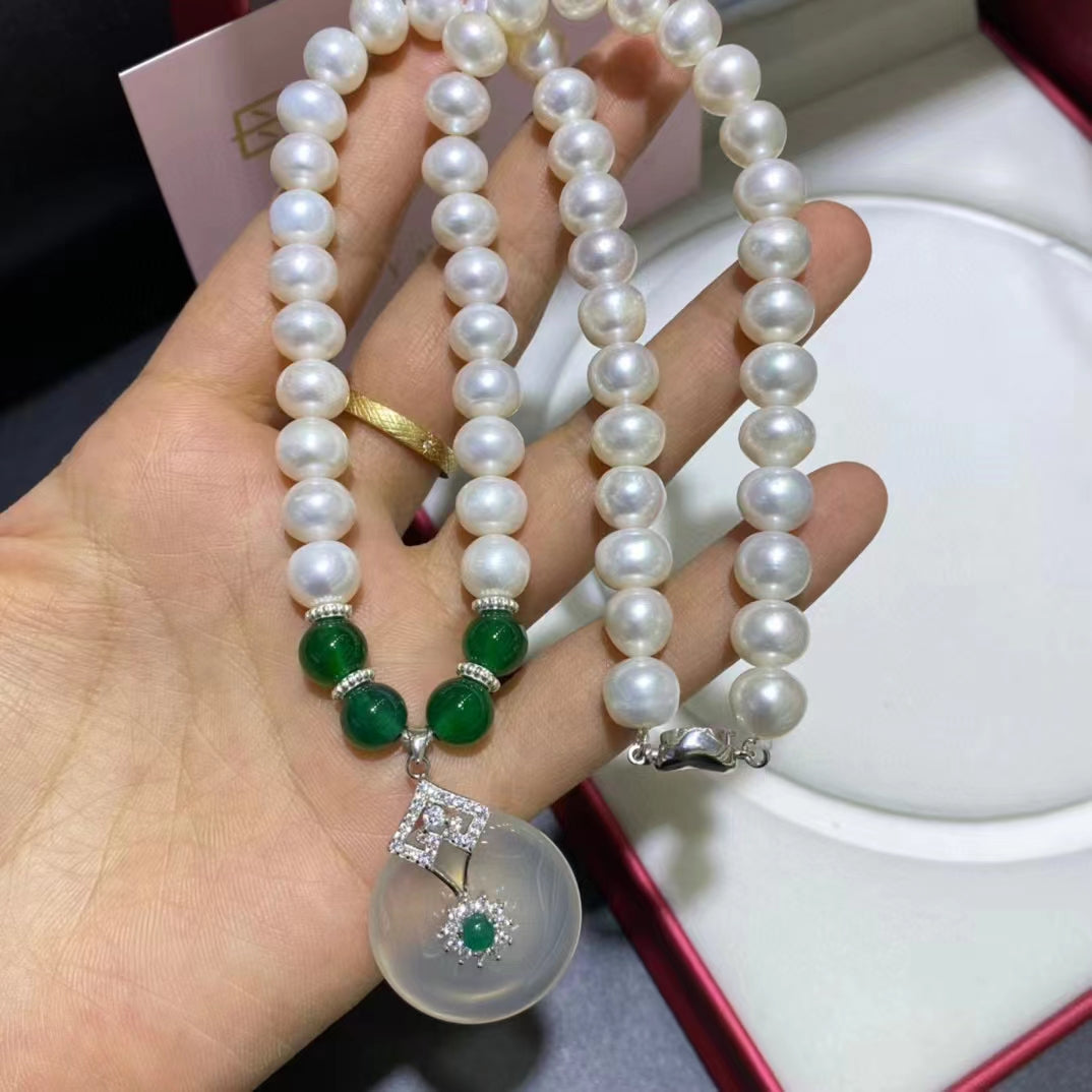 7-8mm Natural Pearl Necklace With Agate Pendant