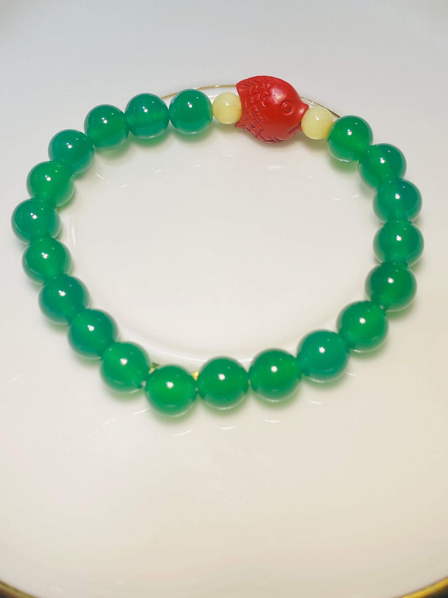 8mm Green Agate with Cinnabar Fish Pattern Bracelet