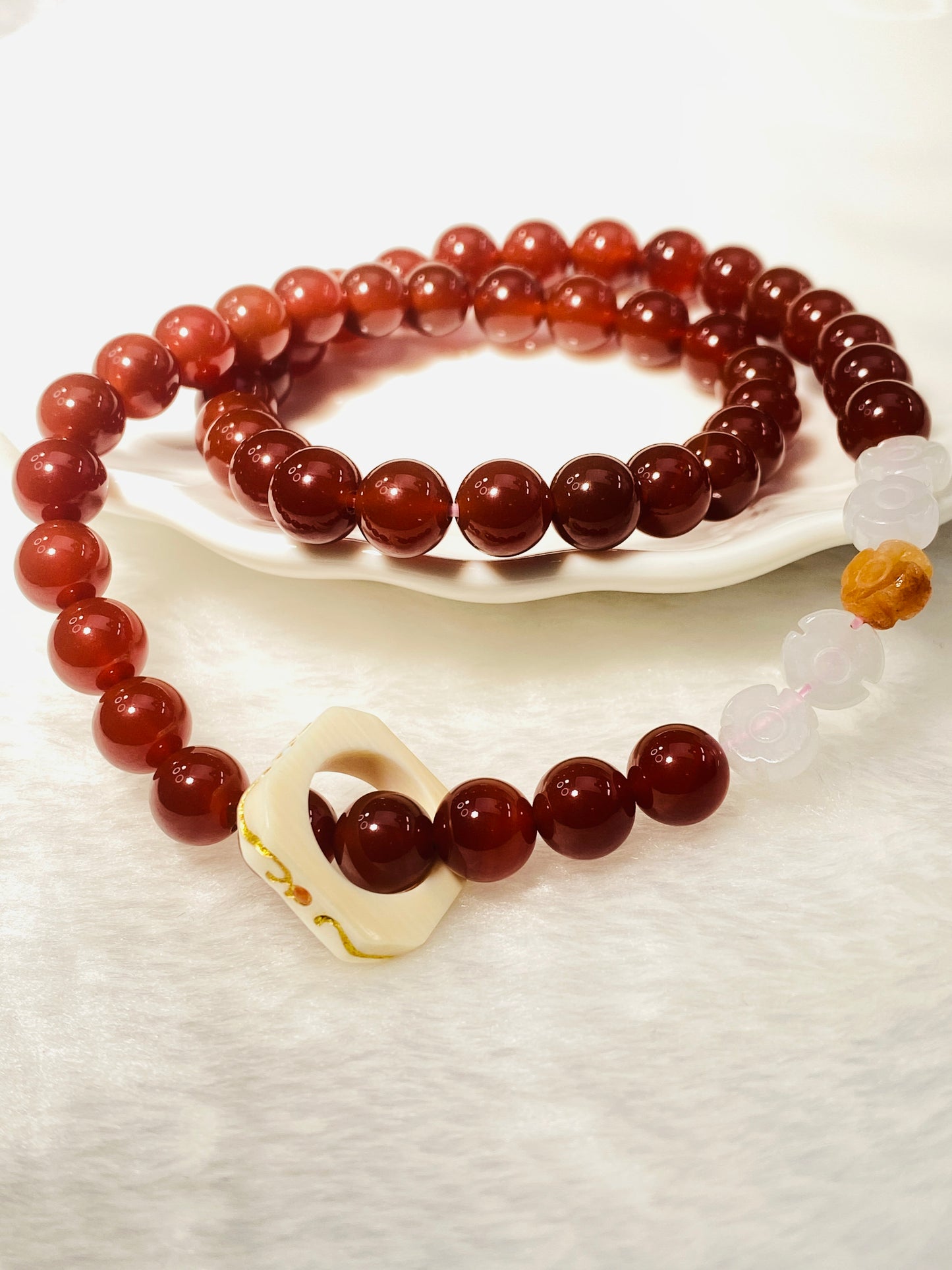 Red Agate Beads Paired With Hetian Jade Carved Accessories Mammoth Running Ring