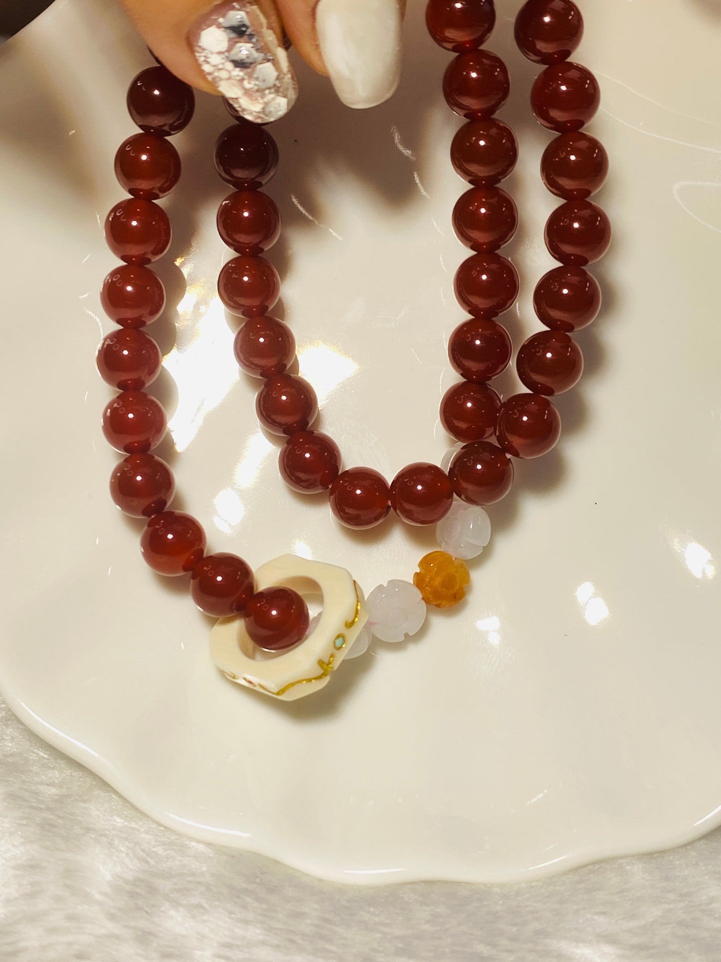 Red Agate Beads Paired With Hetian Jade Carved Accessories Mammoth Running Ring
