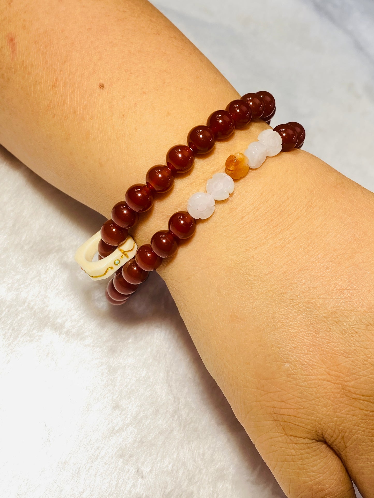 Red Agate Beads Paired With Hetian Jade Carved Accessories Mammoth Running Ring