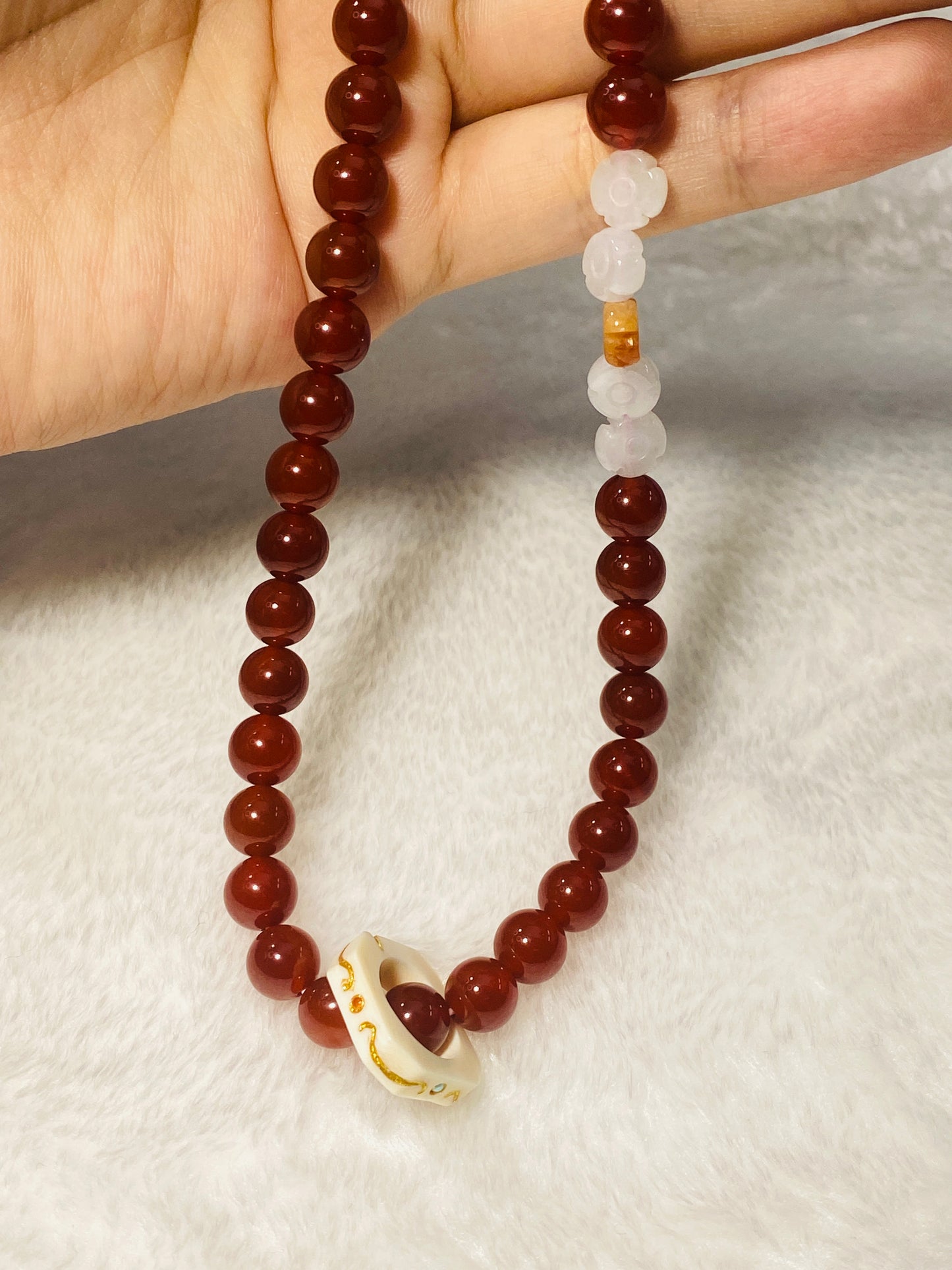 Red Agate Beads Paired With Hetian Jade Carved Accessories Mammoth Running Ring