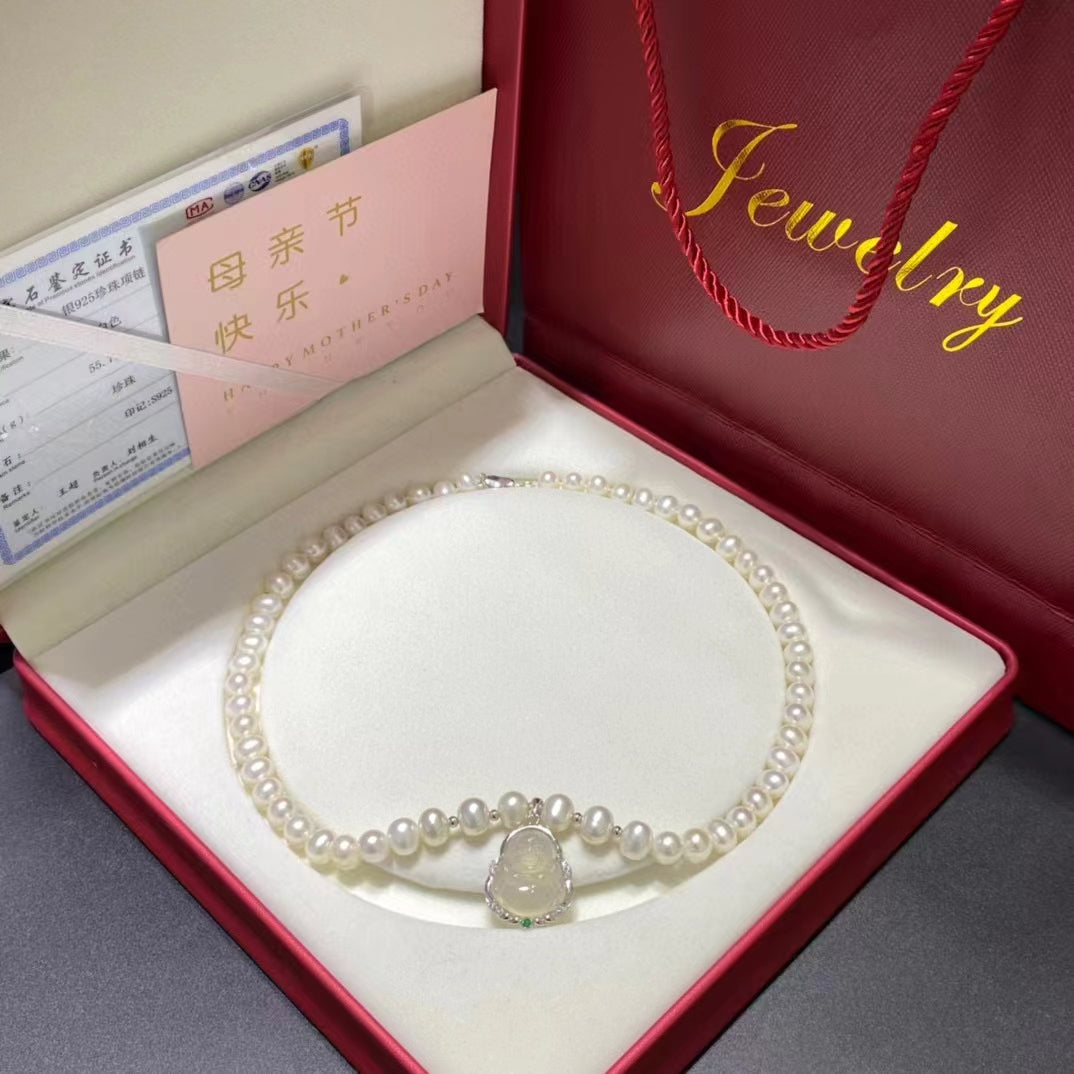 7-8mm Pearl Necklace With Silver Inlaid Hetian Jade Buddha Statue