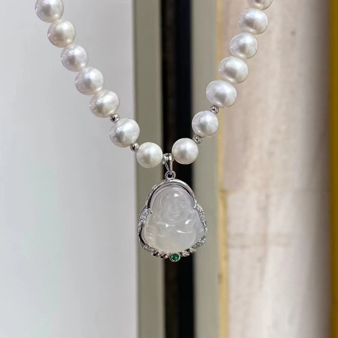 7-8mm Pearl Necklace With Silver Inlaid Hetian Jade Buddha Statue