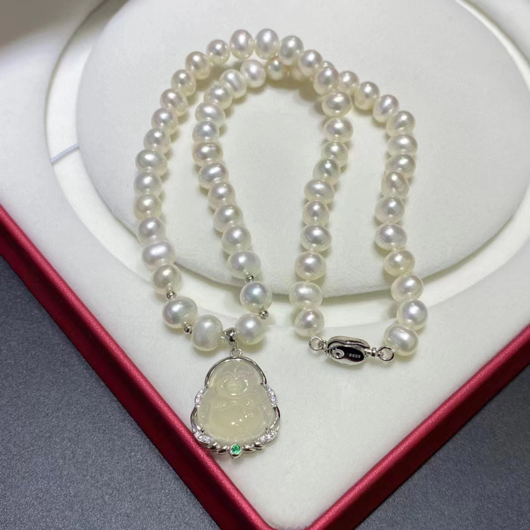 7-8mm Pearl Necklace With Silver Inlaid Hetian Jade Buddha Statue