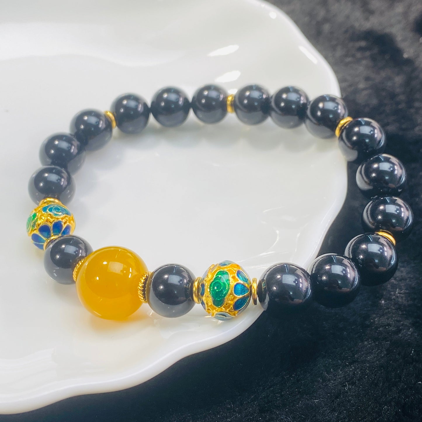 Black Agate Lotus Spacer Bead Bracelet