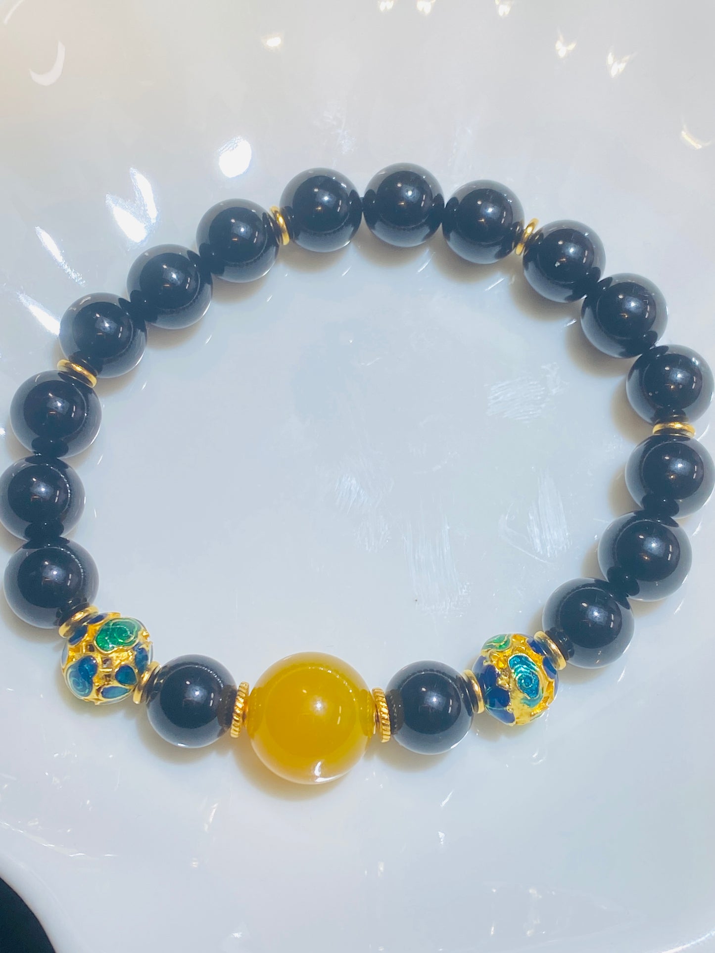 Black Agate Lotus Spacer Bead Bracelet