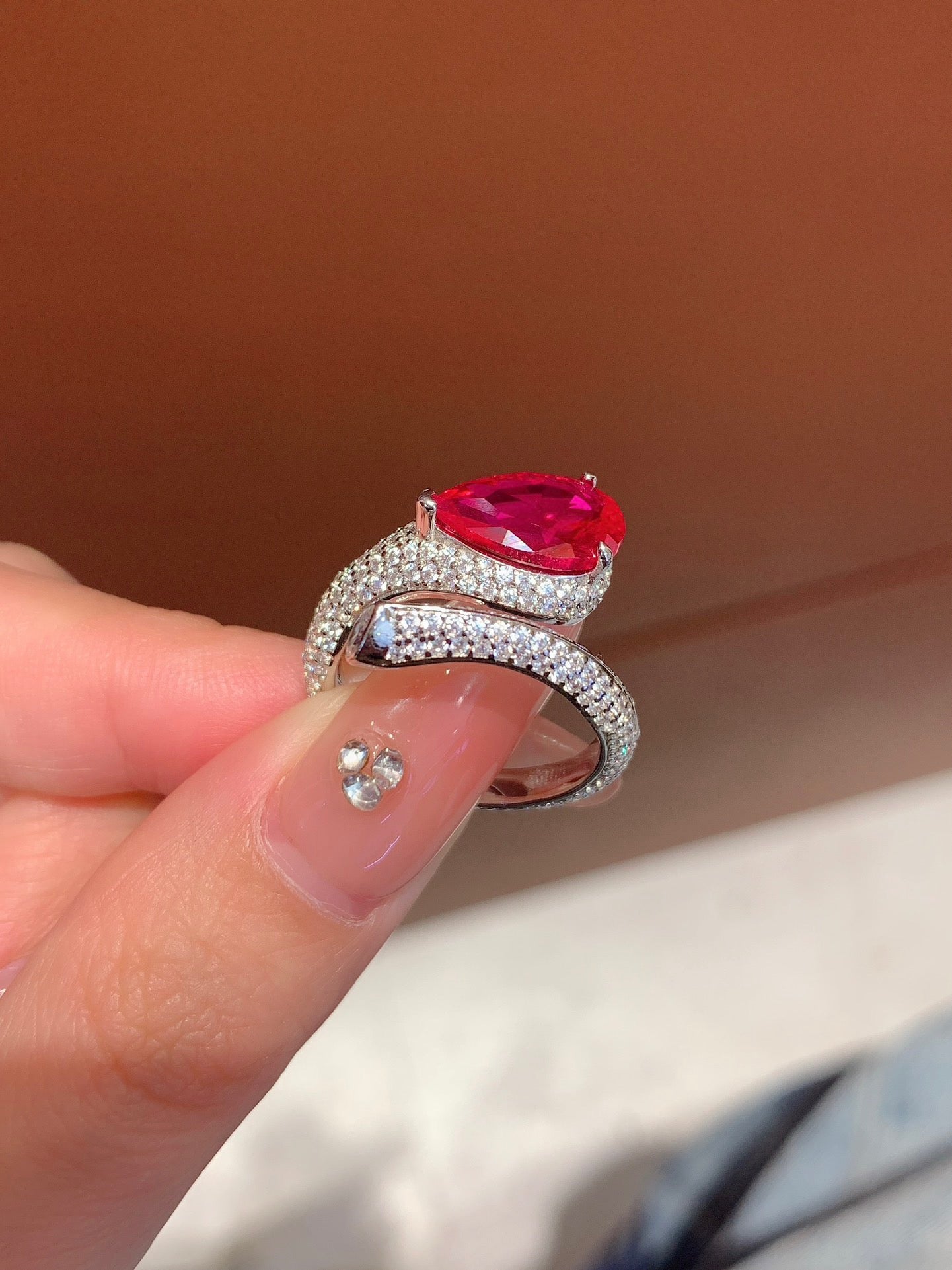 Silver Snake Ring with Red Gemstone