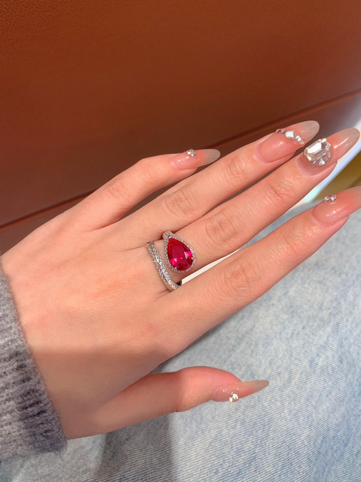 Silver Snake Ring with Red Gemstone