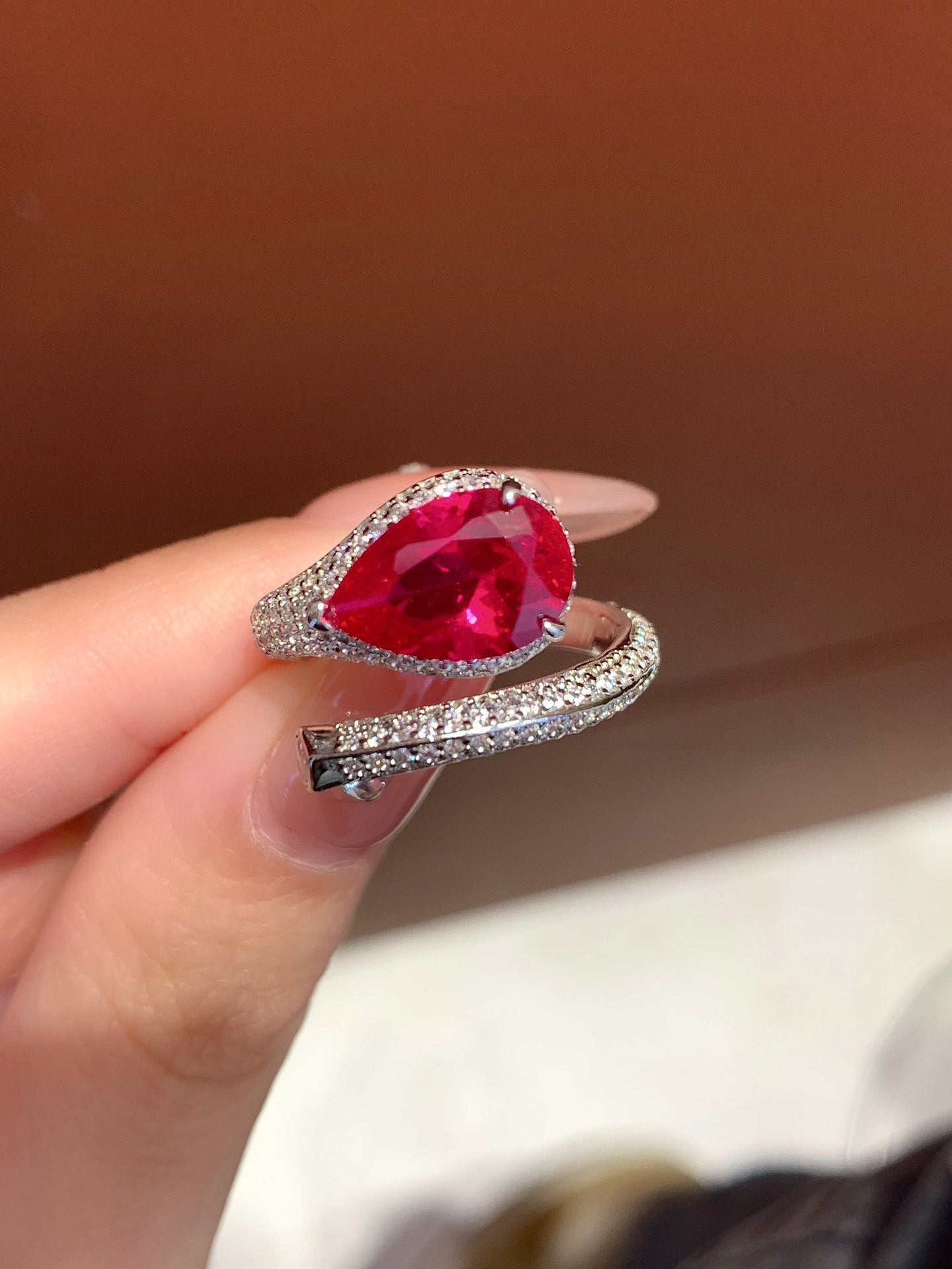 Silver Snake Ring with Red Gemstone