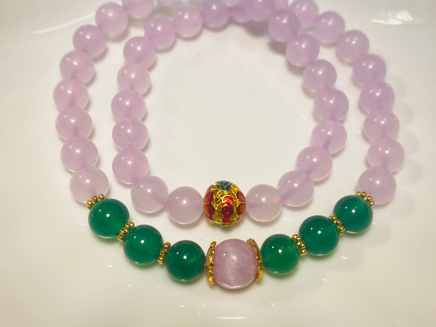 Pink Chalcedony Bracelet with Green Agate Beads