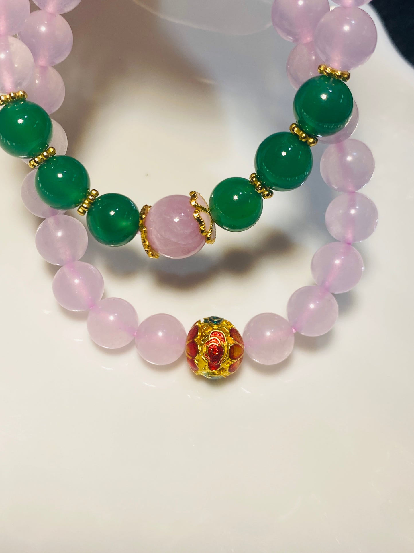 Pink Chalcedony Bracelet with Green Agate Beads