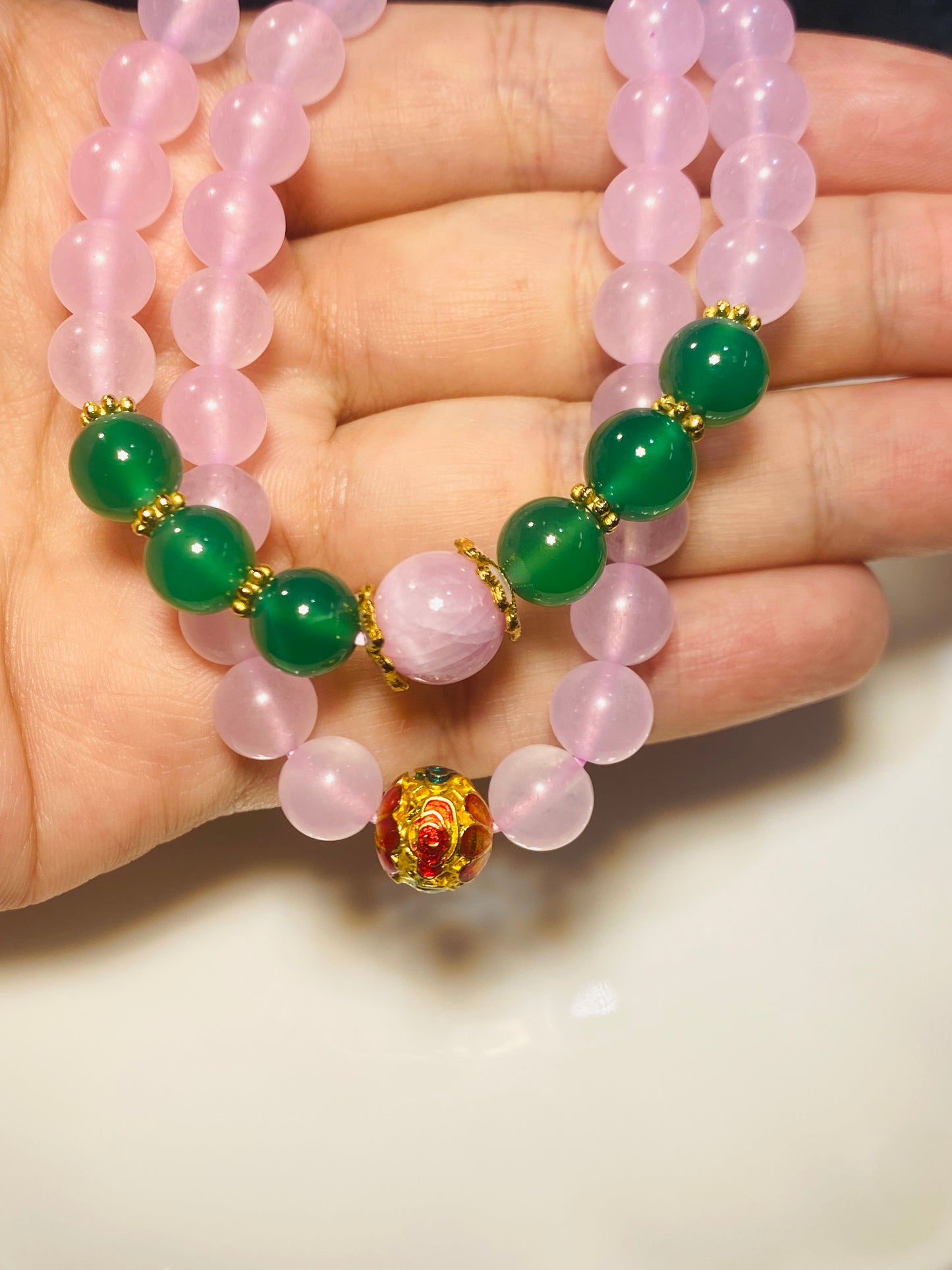 Pink Chalcedony Bracelet with Green Agate Beads