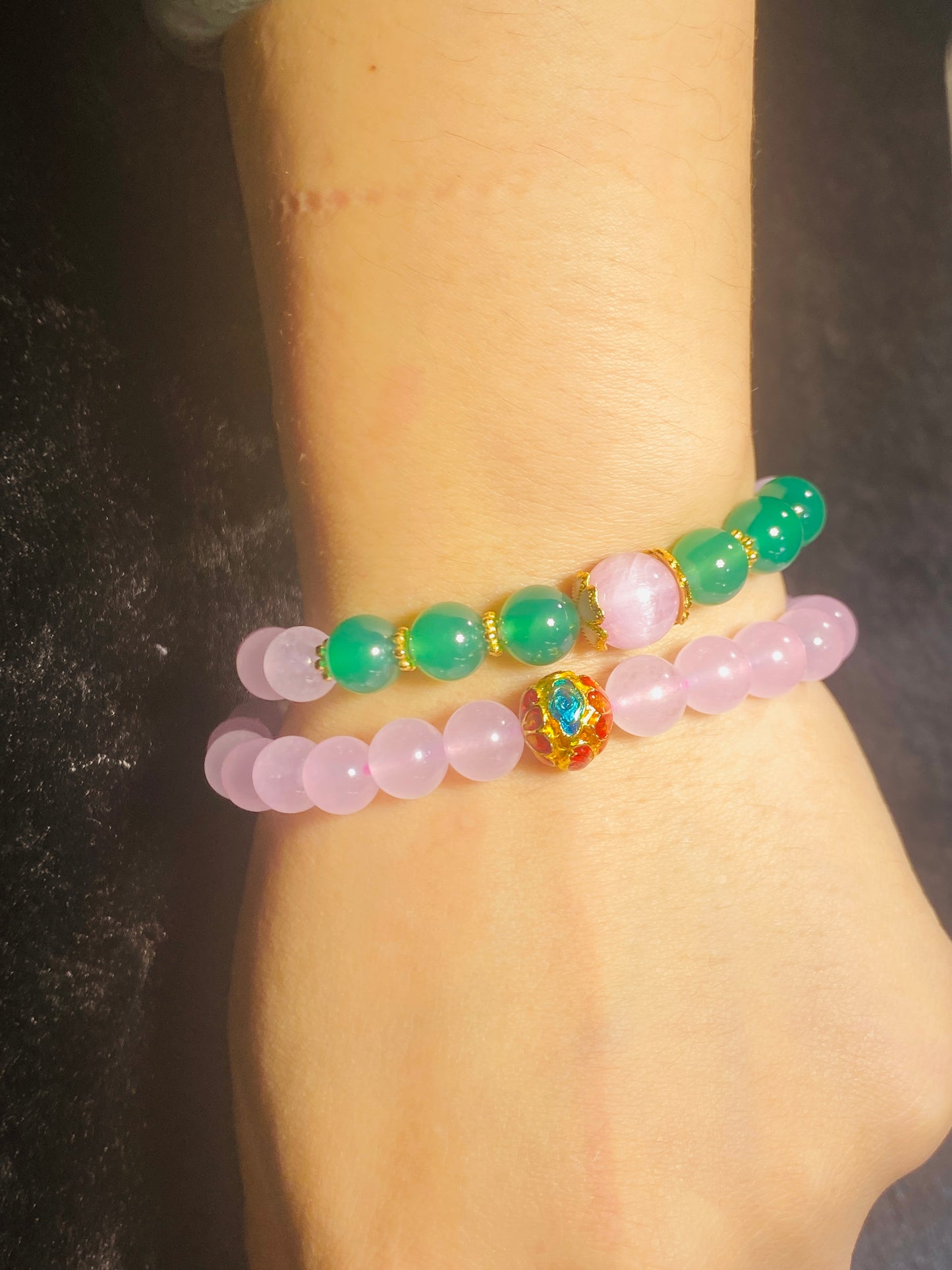 Pink Chalcedony Bracelet with Green Agate Beads