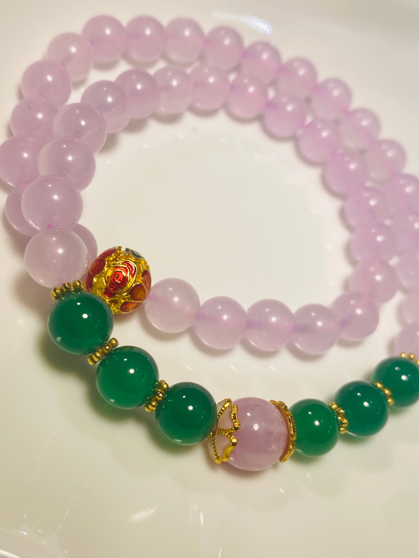 Pink Chalcedony Bracelet with Green Agate Beads