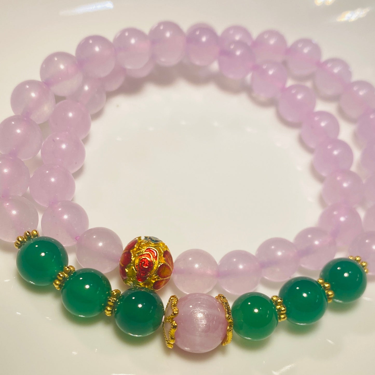 Pink Chalcedony Bracelet with Green Agate Beads
