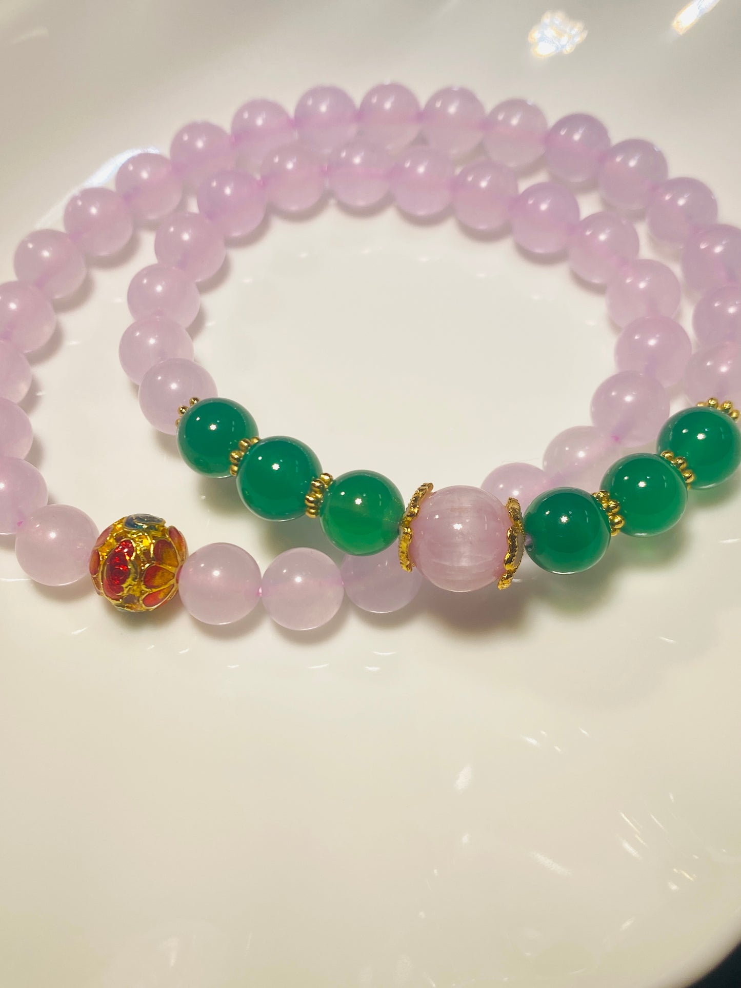 Pink Chalcedony Bracelet with Green Agate Beads