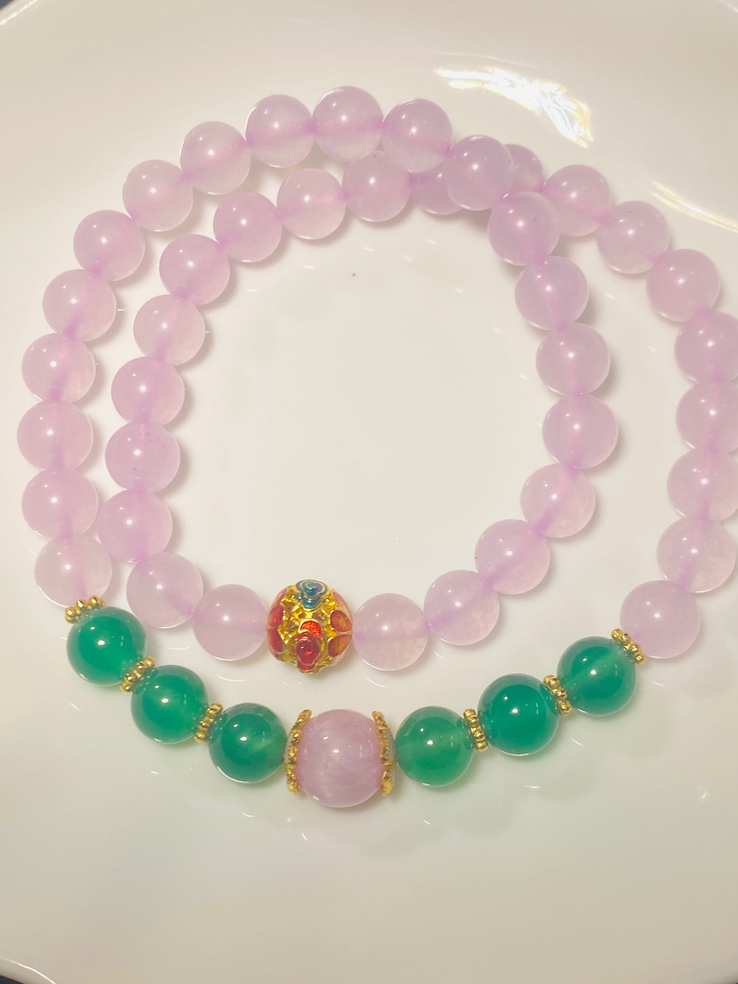 Pink Chalcedony Bracelet with Green Agate Beads