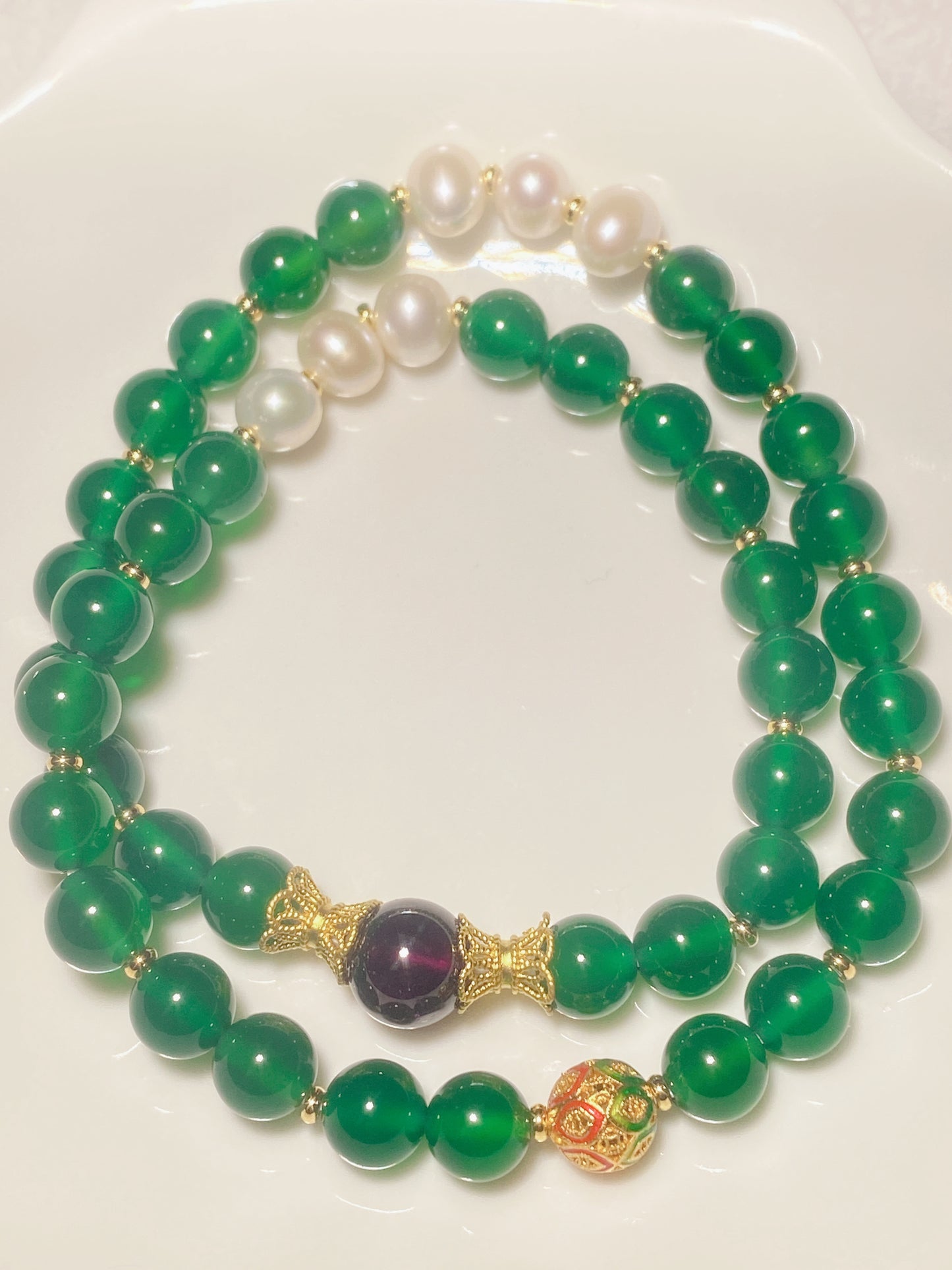Garnet Green Agate Pearl Double Wrap Bracelet or Necklace