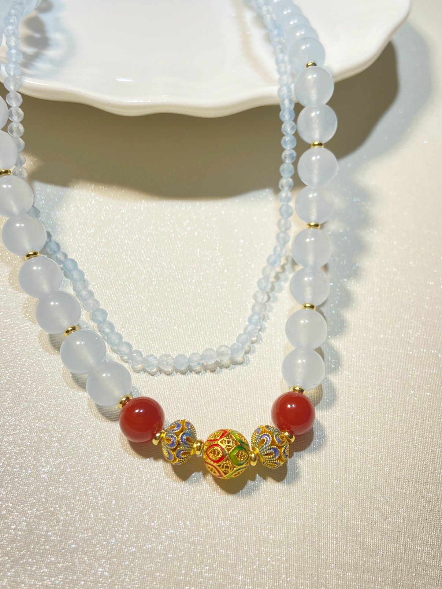 Light Blue Agate With Red Beads Stacking Bracelet
