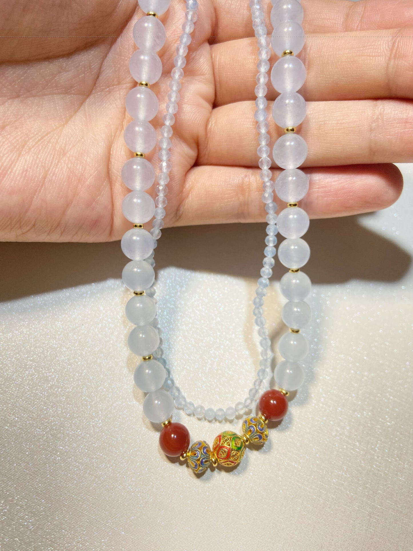 Light Blue Agate With Red Beads Stacking Bracelet