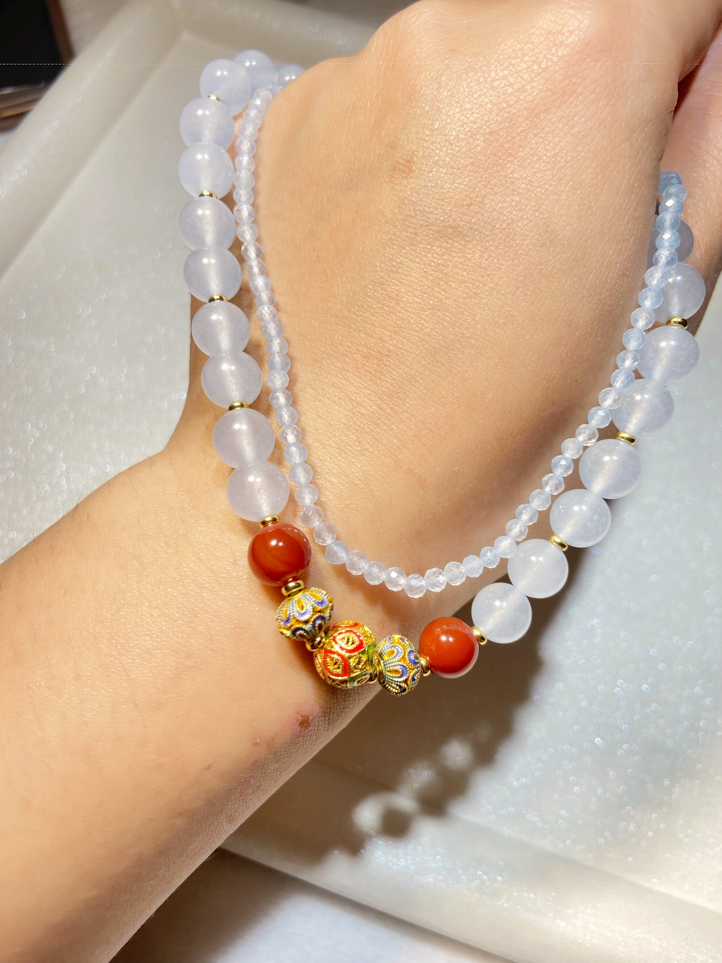 Light Blue Agate With Red Beads Stacking Bracelet