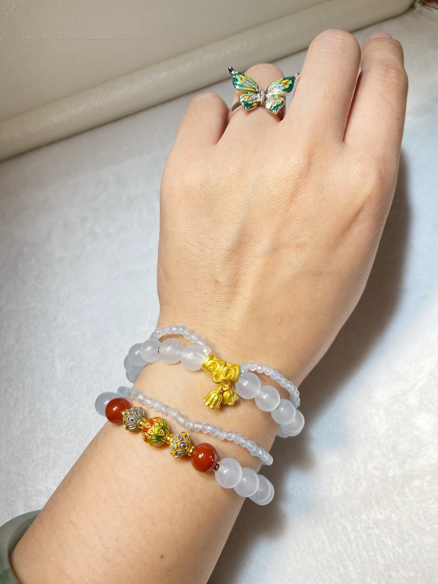 Light Blue Agate With Red Beads Stacking Bracelet