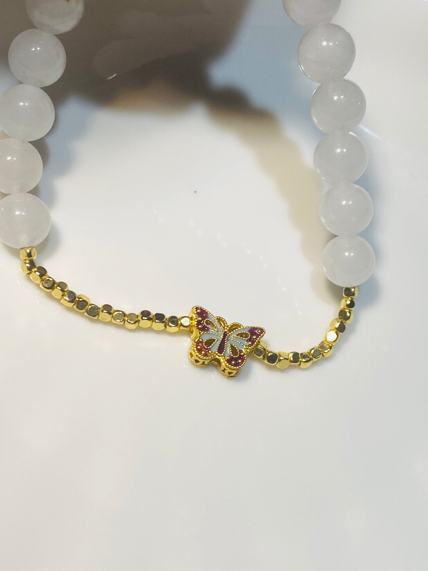 White Agate with Double-Sided Butterfly Bracelet