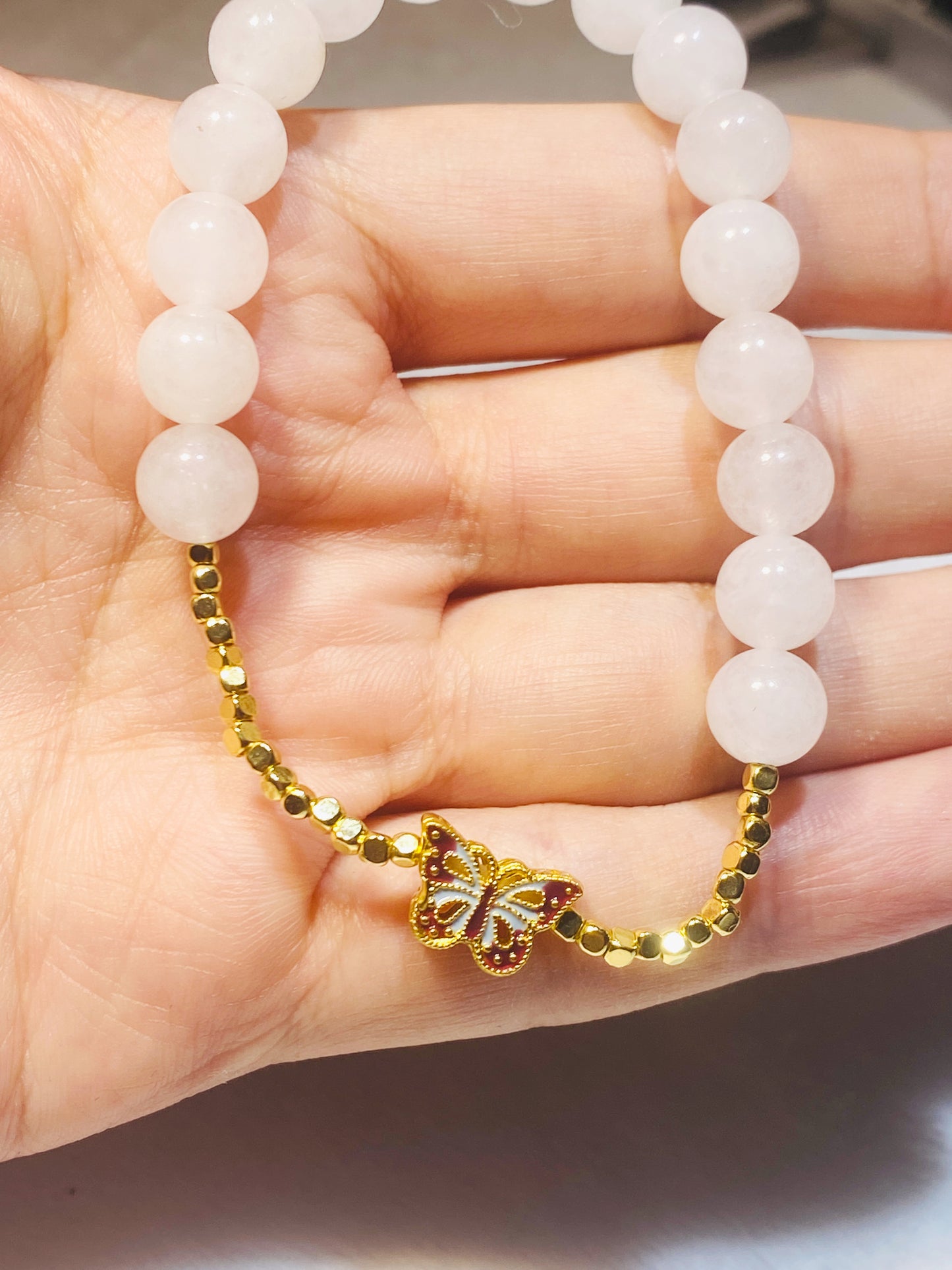 White Agate with Double-Sided Butterfly Bracelet