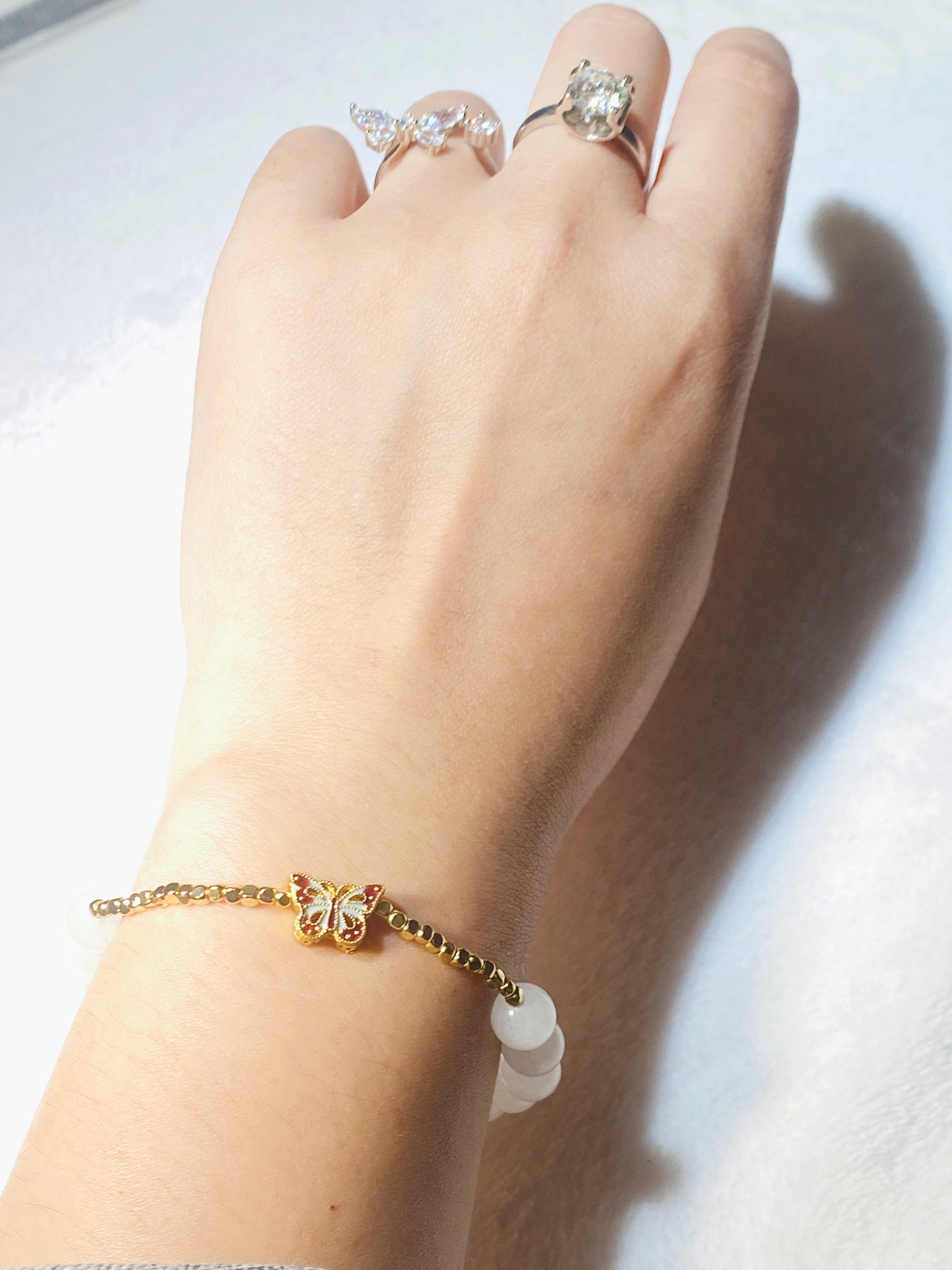 White Agate with Double-Sided Butterfly Bracelet