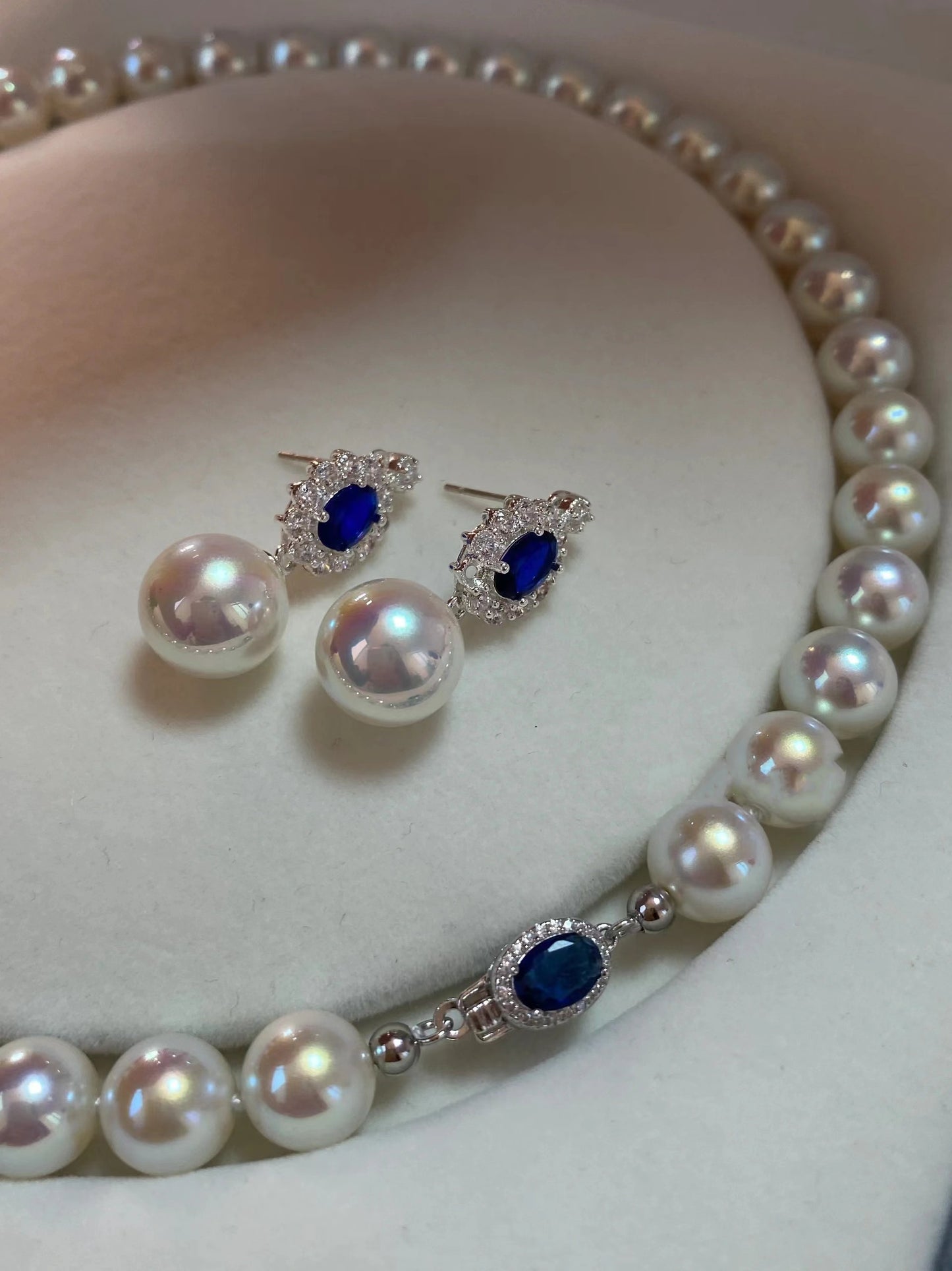 925 Sterling Silver Pearl Necklace with Blue Gemstone