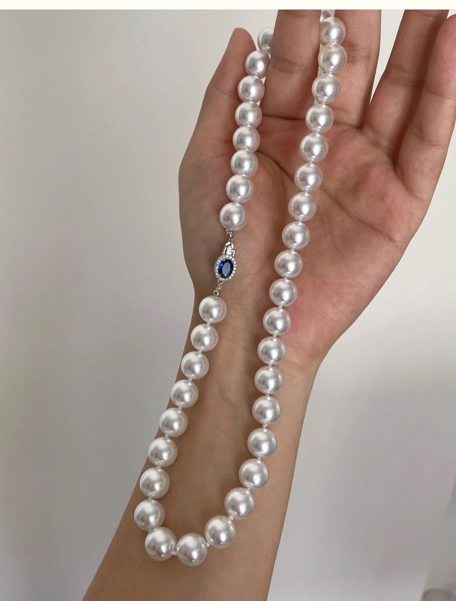 925 Sterling Silver Pearl Necklace with Blue Gemstone