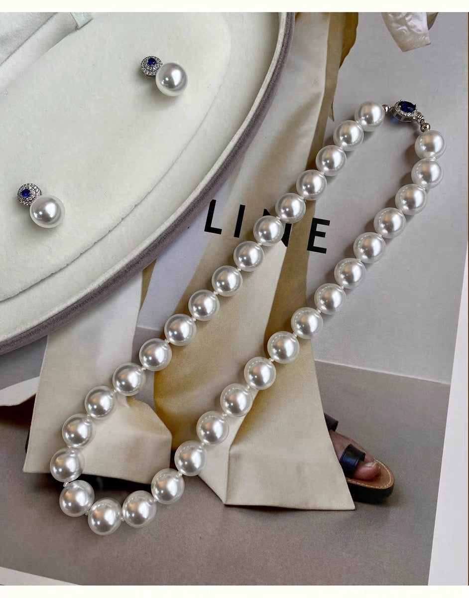 925 Sterling Silver Pearl Necklace with Blue Gemstone