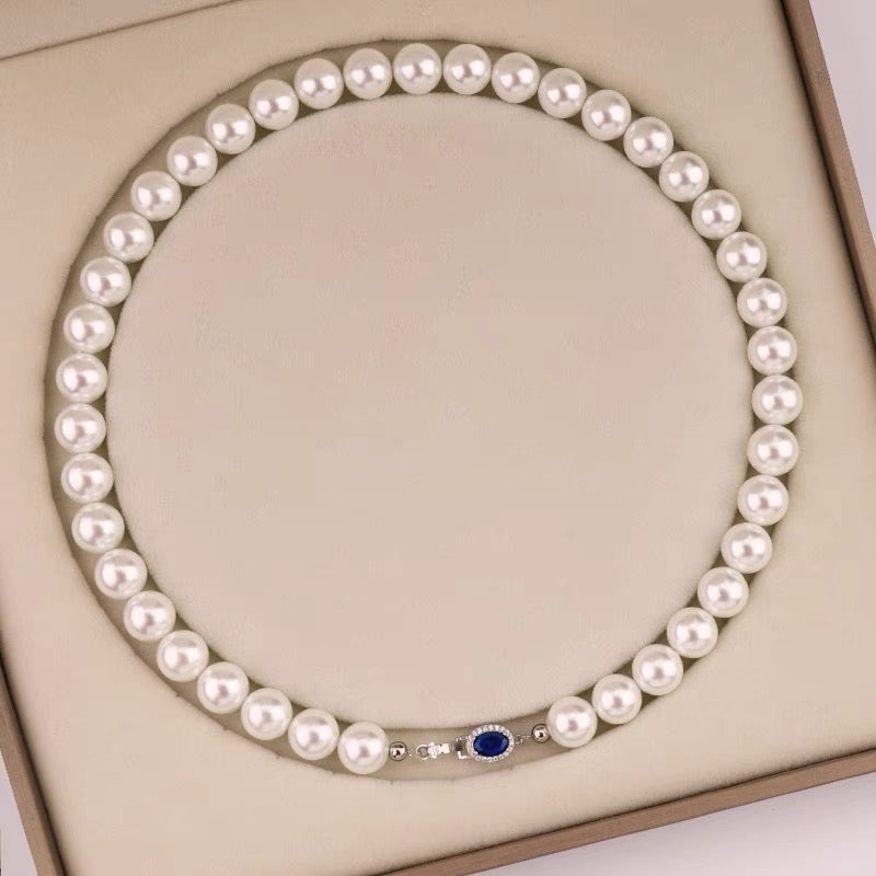 925 Sterling Silver Pearl Necklace with Blue Gemstone