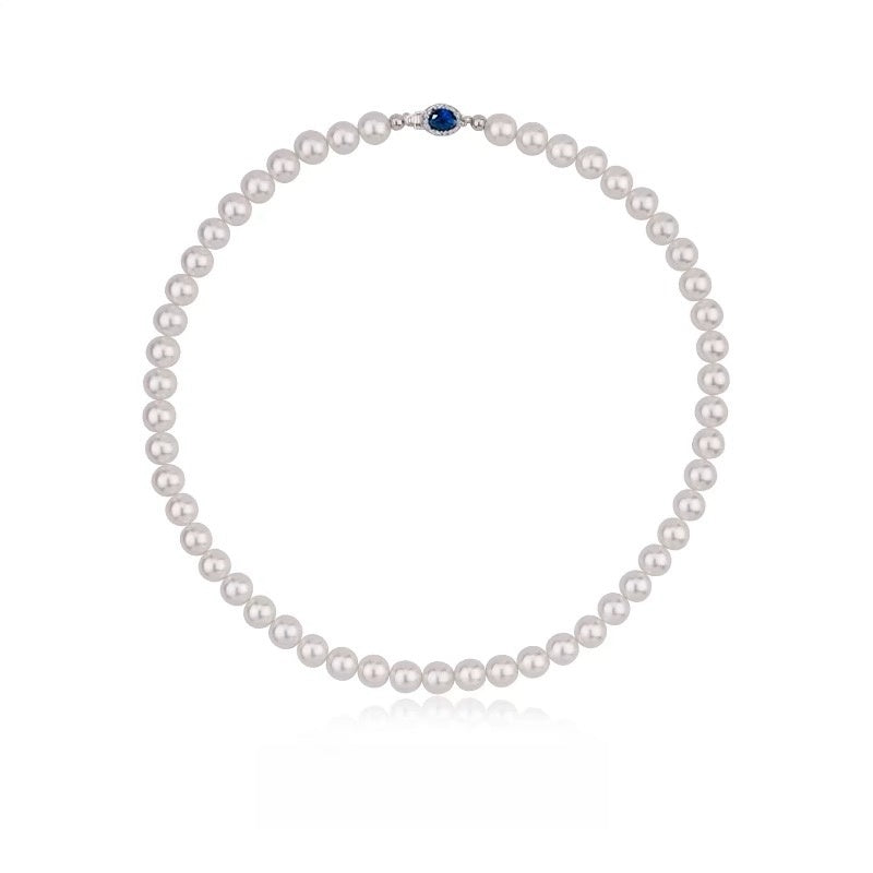 925 Sterling Silver Pearl Necklace with Blue Gemstone