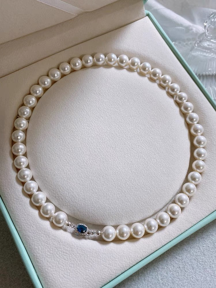 925 Sterling Silver Pearl Necklace with Blue Gemstone