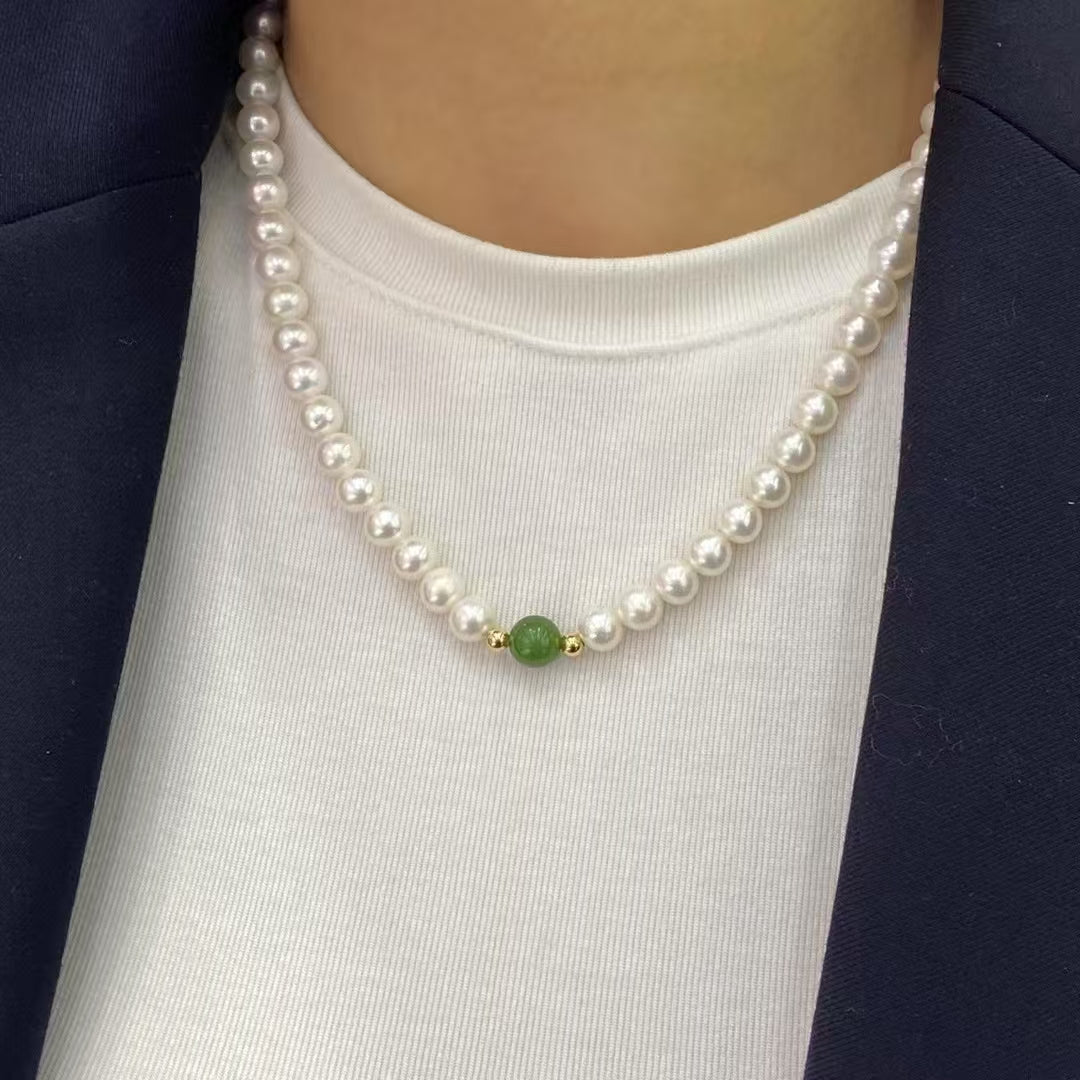 6.5-7mm Natural Freshwater Pearls and Hetian Jade Beads Jewelry Set