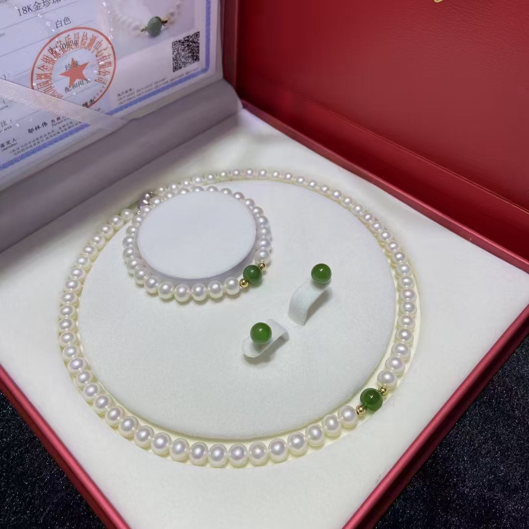 6.5-7mm Natural Freshwater Pearls and Hetian Jade Beads Jewelry Set