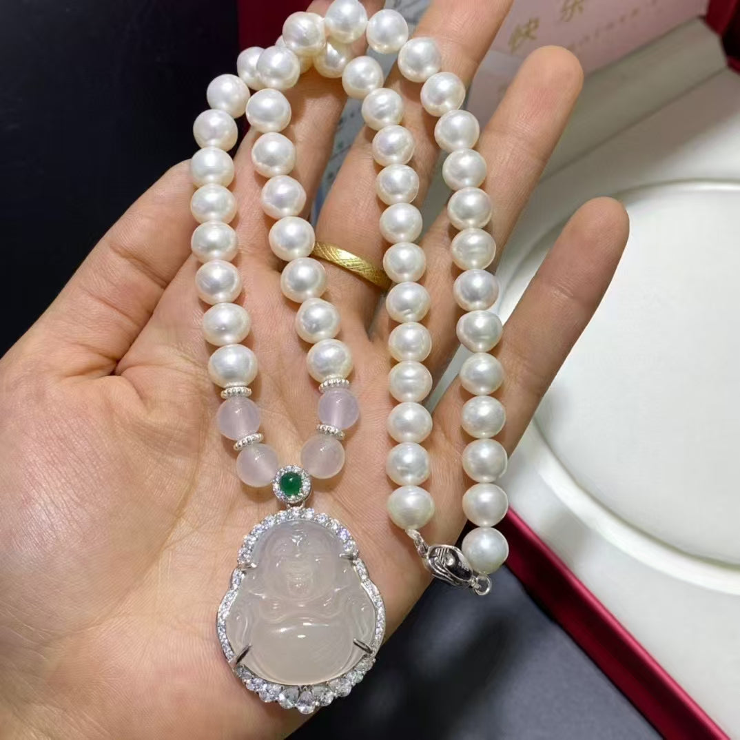 9-10mm Pearl Silver Accessories Agate Buddha Pendant Pearl Necklace