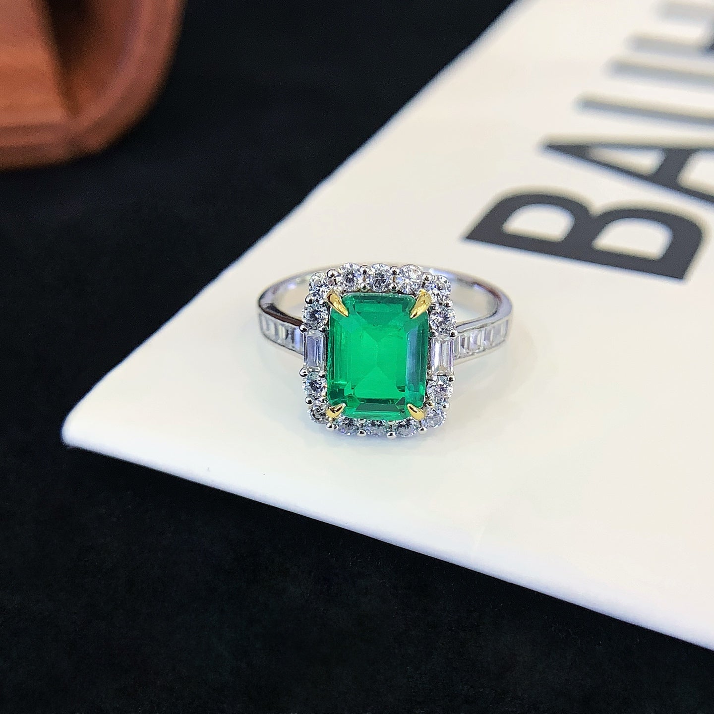 925 Silver Inlaid Green Square Cultured Gemstone Ring