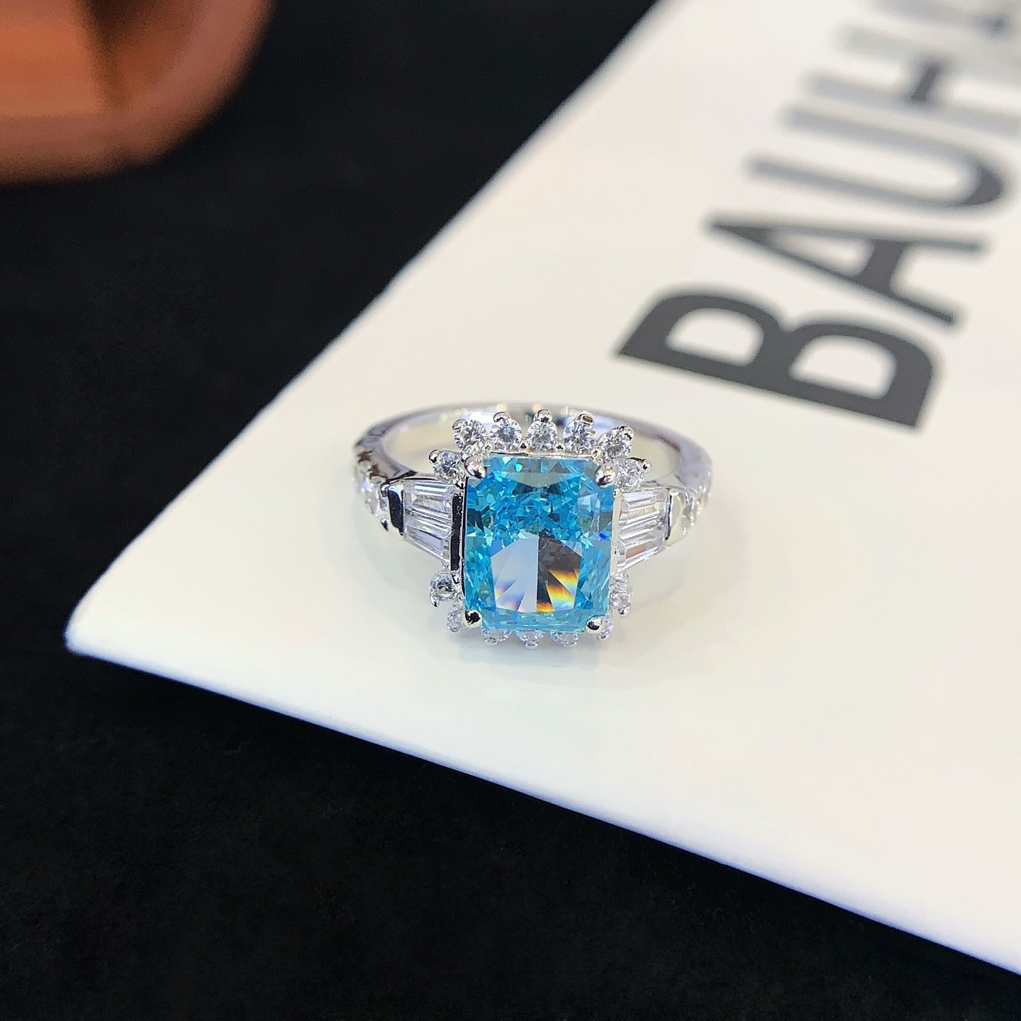 S925 Silver Inlaid Blue Square Cultured Gemstone Ring