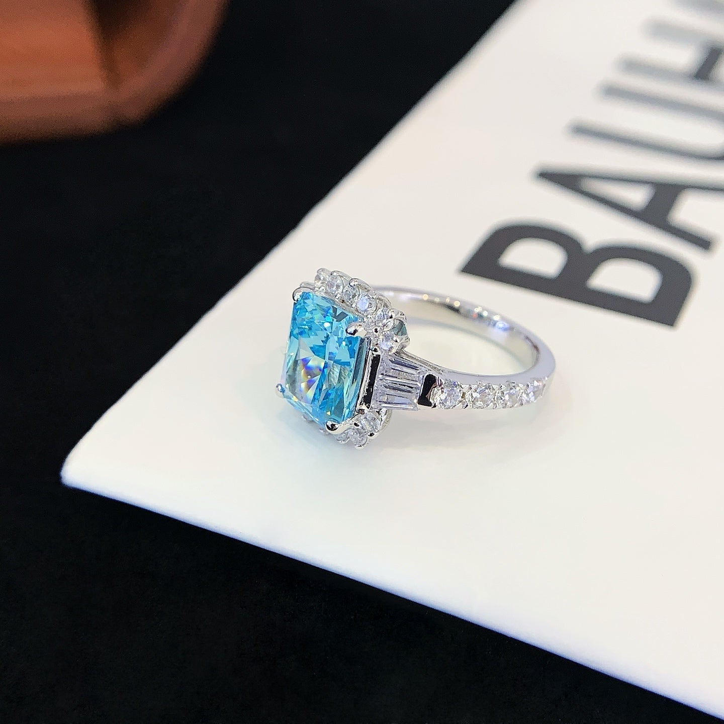 S925 Silver Inlaid Blue Square Cultured Gemstone Ring