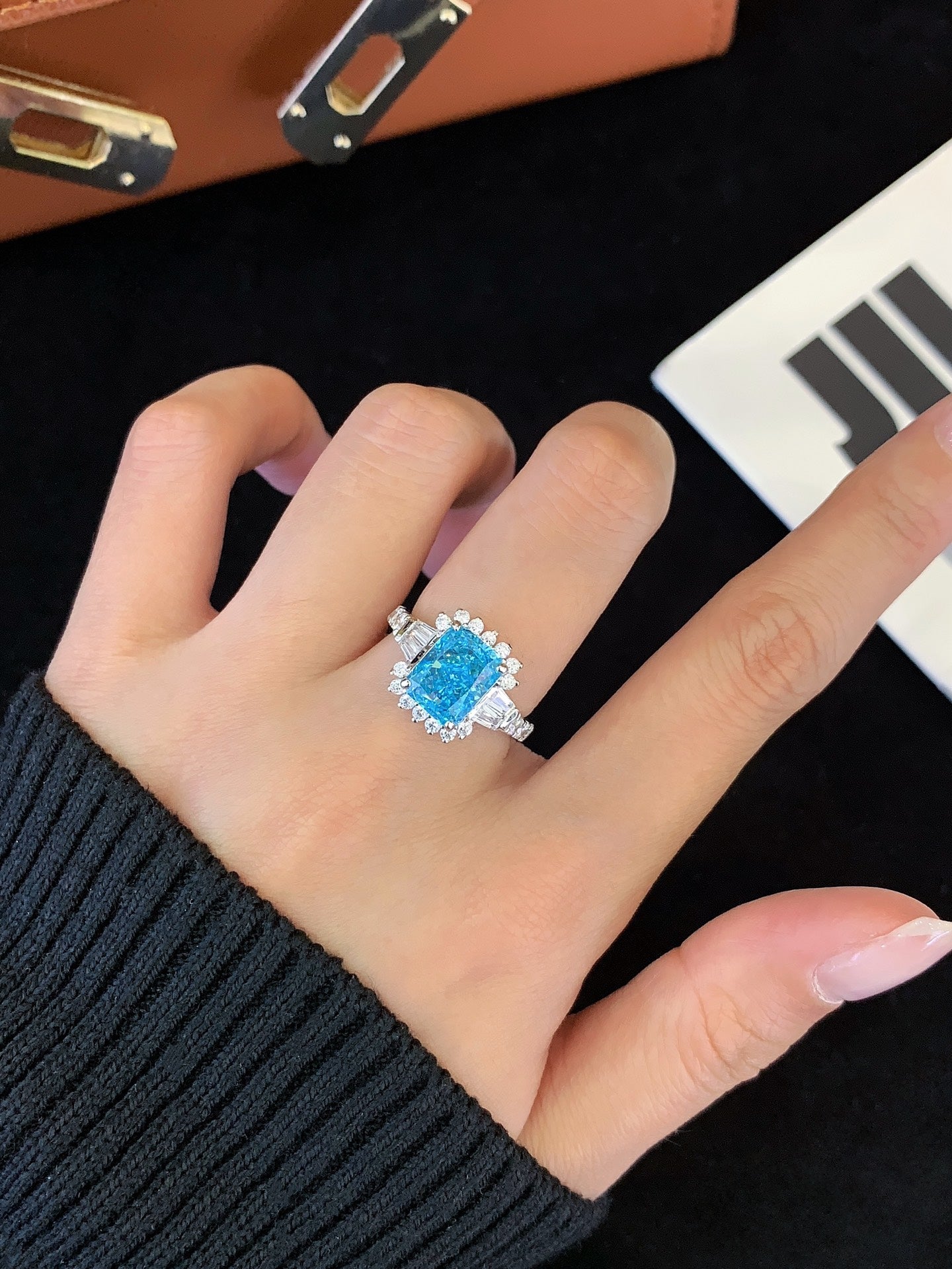 S925 Silver Inlaid Blue Square Cultured Gemstone Ring