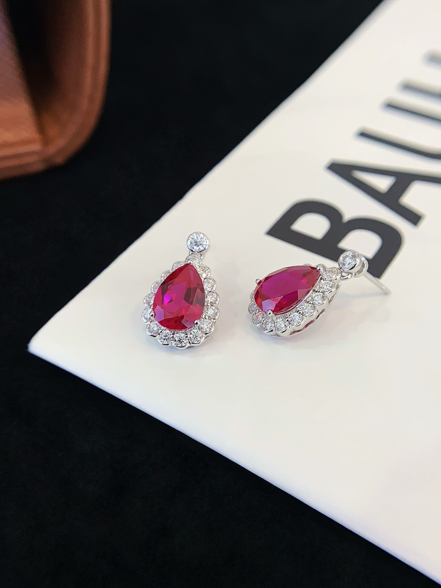 18K Gold Cultured Ruby Drop-Shaped Moissanite Earrings