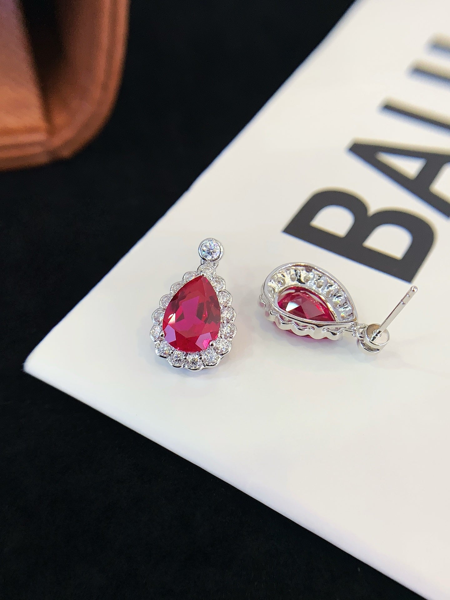 18K Gold Cultured Ruby Drop-Shaped Moissanite Earrings