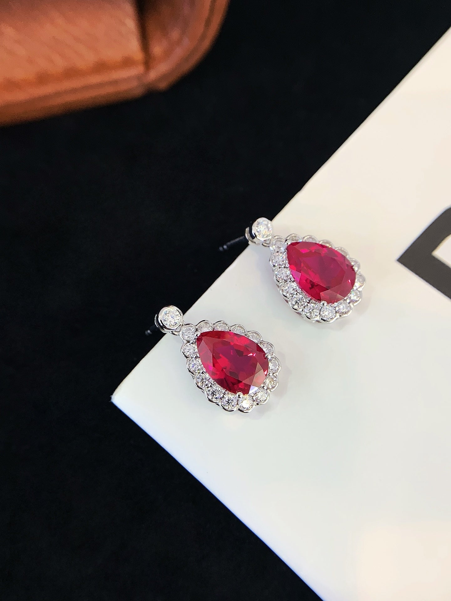 18K Gold Cultured Ruby Drop-Shaped Moissanite Earrings