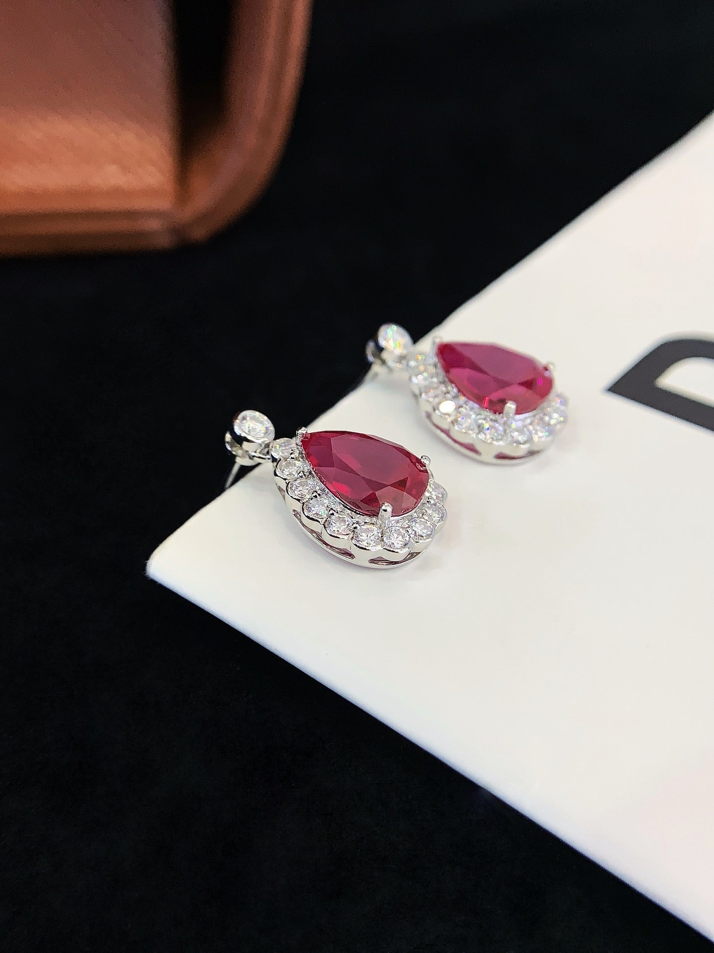 18K Gold Cultured Ruby Drop-Shaped Moissanite Earrings