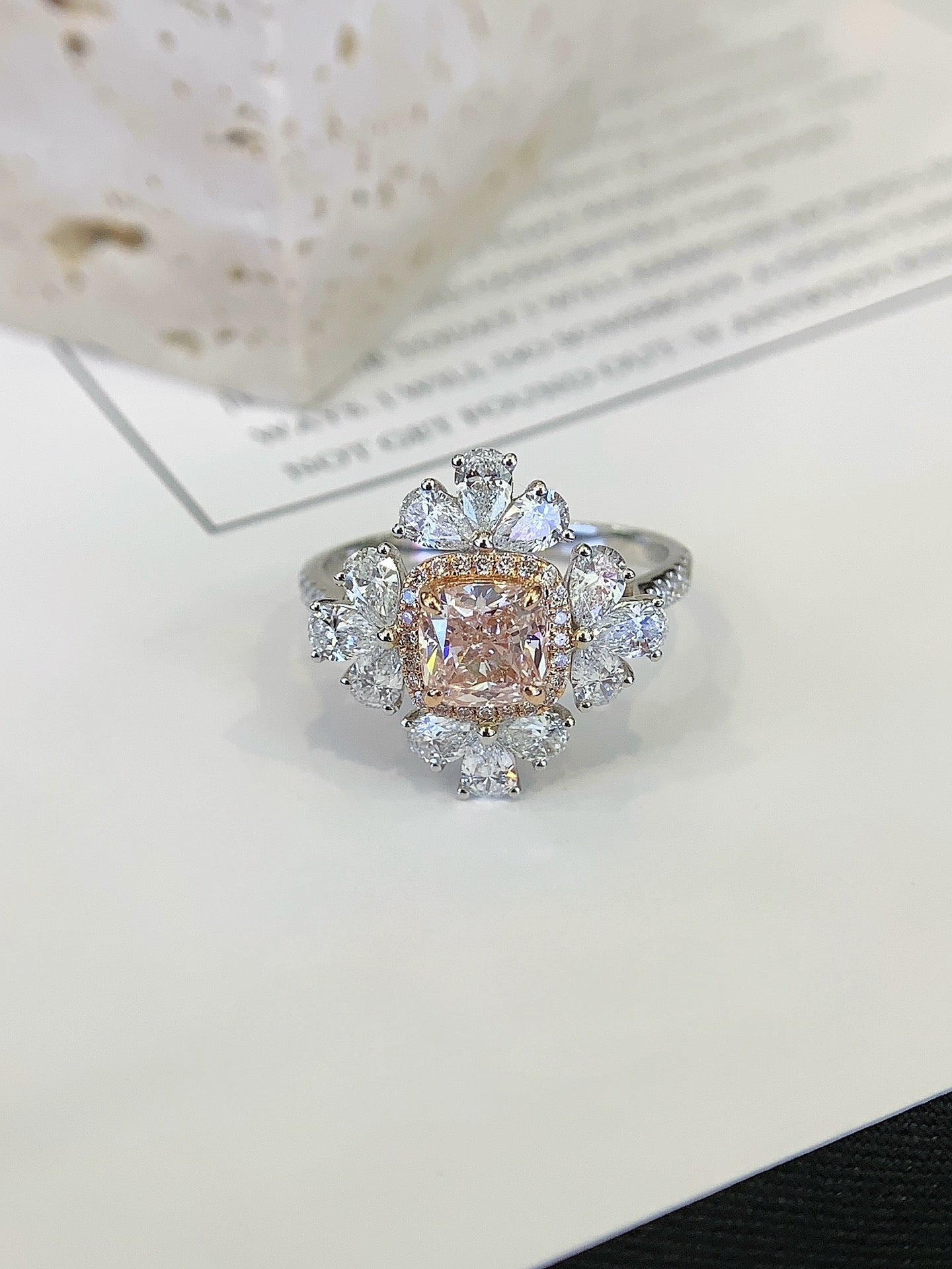 18K Gold Cultured Pink Diamond Snowflake Shape Ring